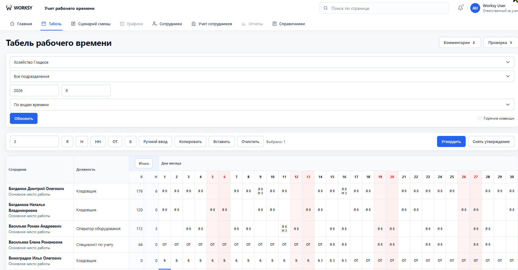 Интерфейс WORKSY: табель рабочего времени